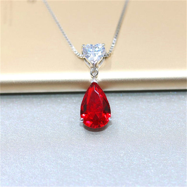 Ruby Gemstone S925 Silver Sterling Pendant Necklace Fine Jewelry Heart & Water Drop Bridal Wedding Classic Bijoux No Chain